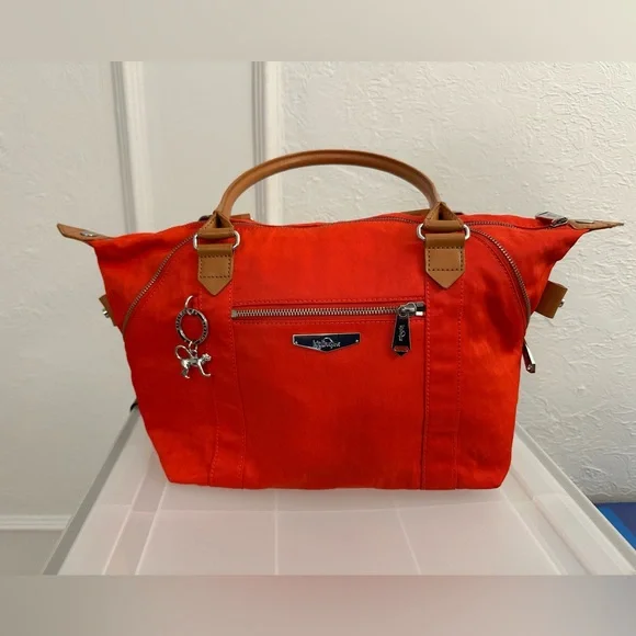 Kipling bright orange bag with brown leather straps - Picture 2 of 12